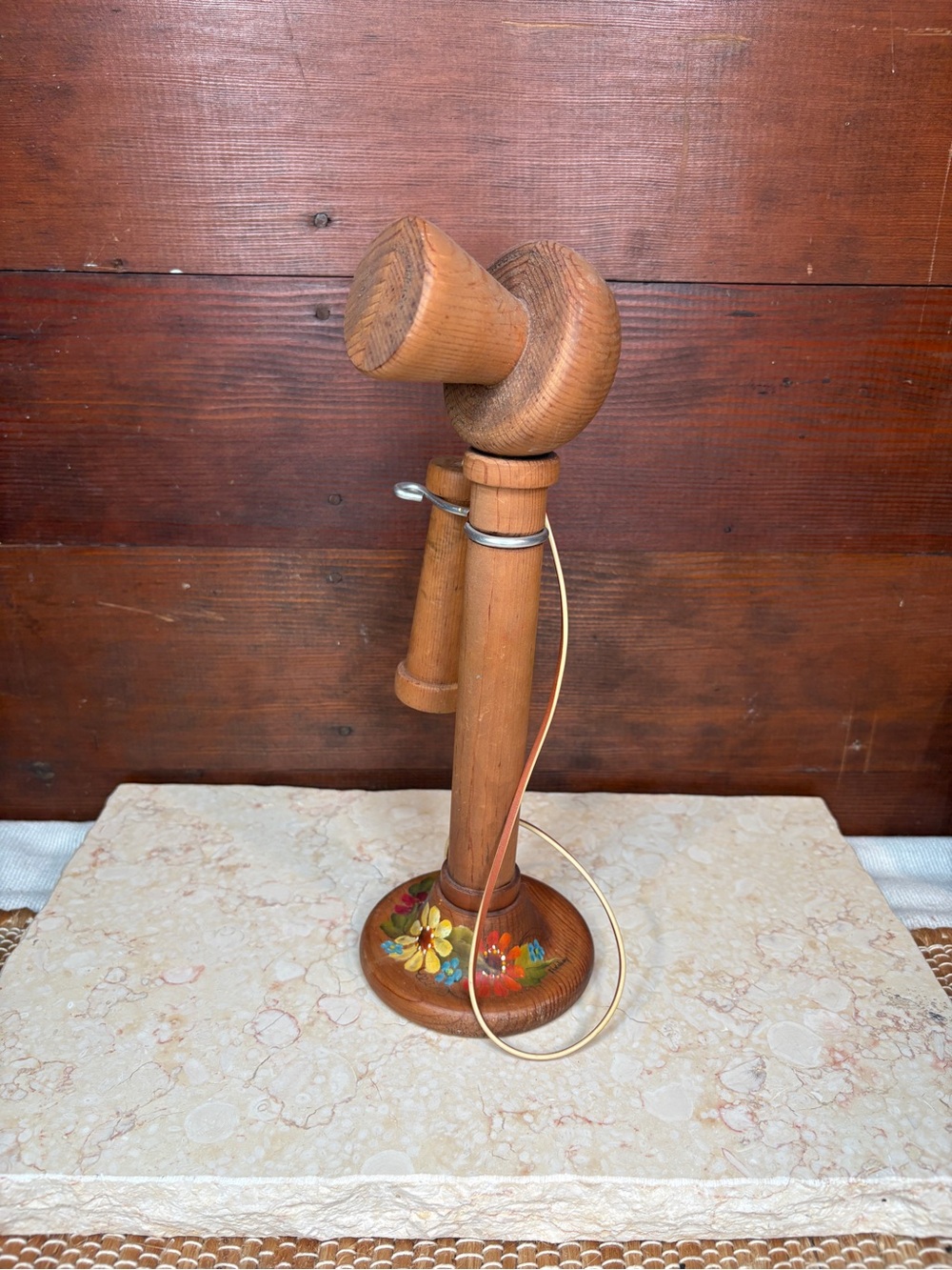 Handmade Wooden Old Fashioned Phone Display Prop Art Signed Floral Painted Base